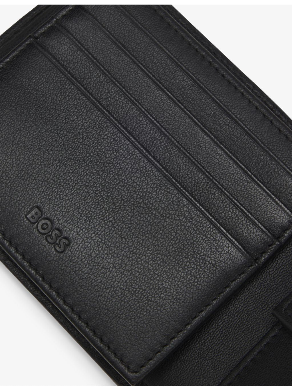 BOSS trifold leather wallet, logo-debossed, 12cm (British brand)