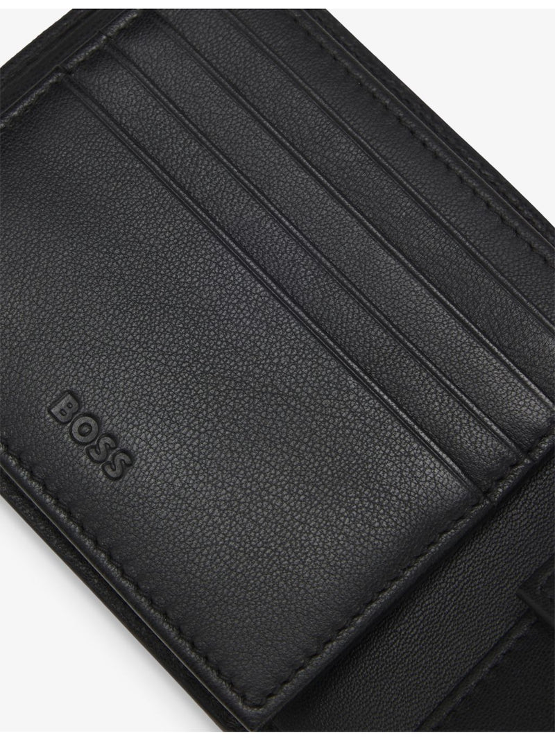 BOSS trifold leather wallet, logo-debossed, 12cm (British brand)