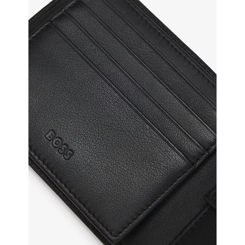 BOSS trifold leather wallet, logo-debossed, 12cm (British brand)