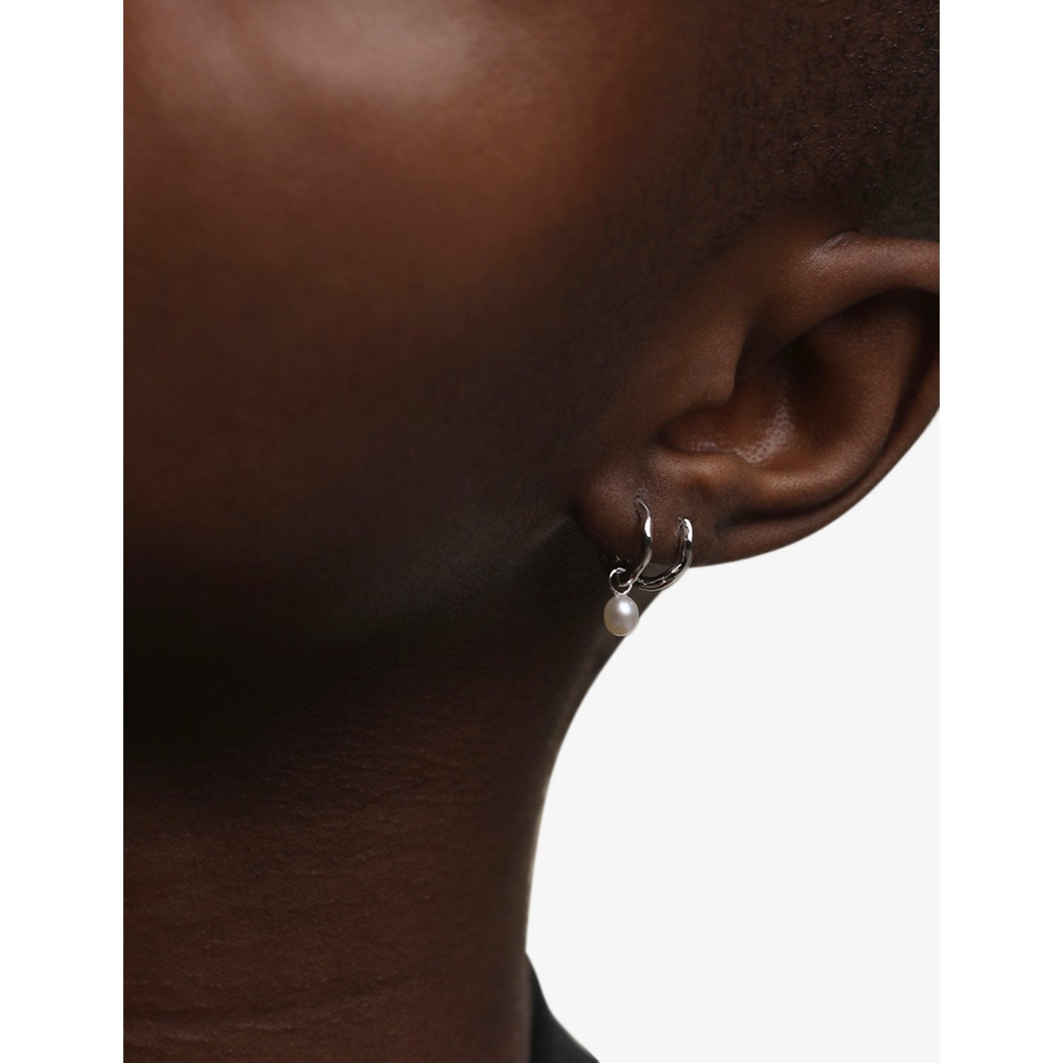 Astrid & Miyu white gold pearl huggie drop earrings, UK version