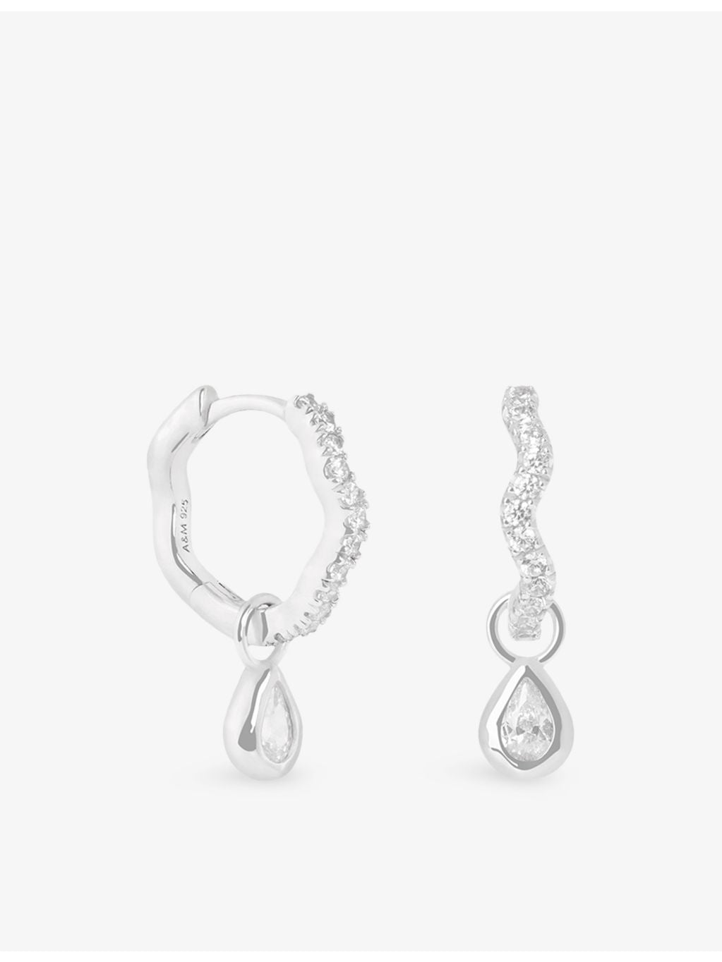 Astrid & Miyu pear charm huggie earrings in rhodium-plated silver, UK version
