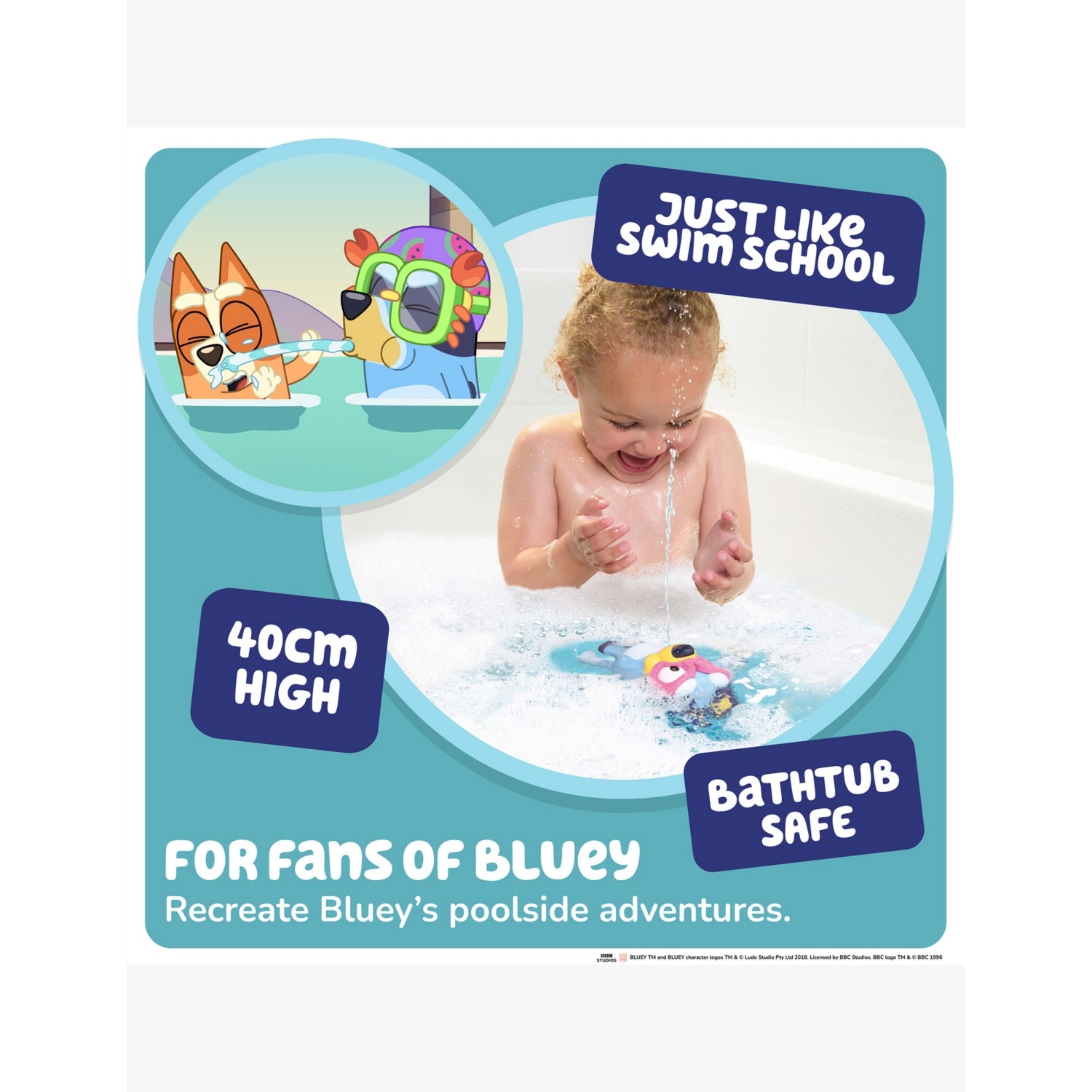 Bluey Swim School bath toy with pink goggles, imported from the UK