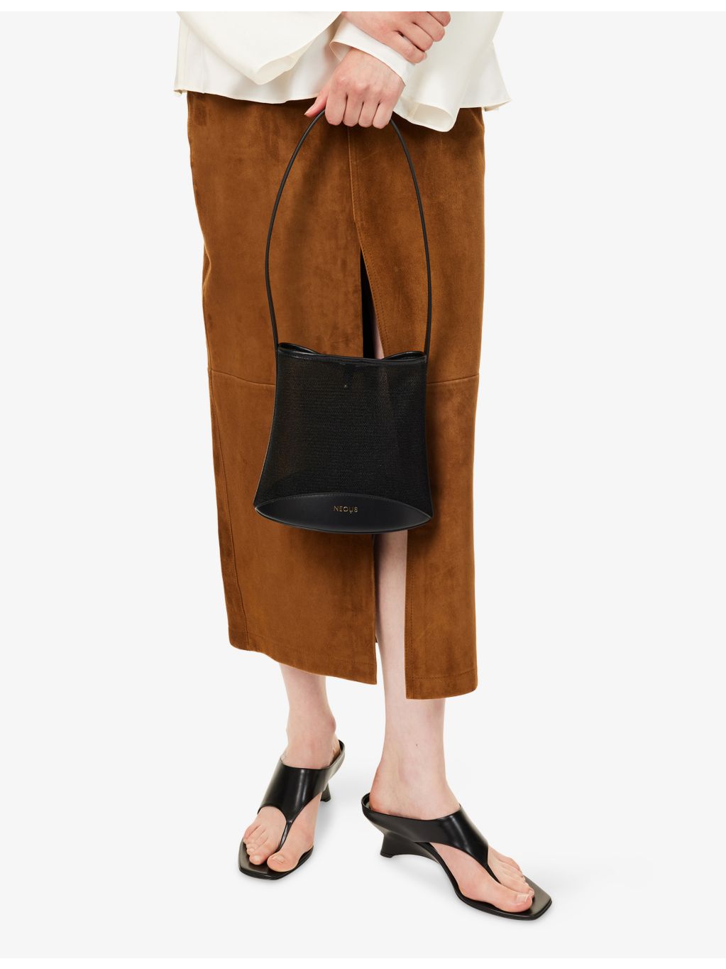 Neous Pardalis sheer bucket bag with leather trim, UK version