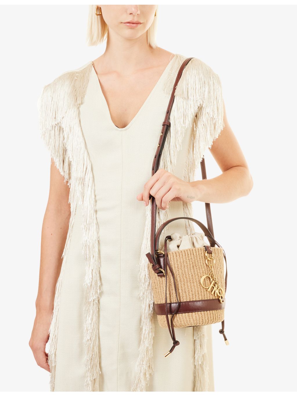 Chloé raffia bucket shoulder bag with charms, 16cm (British brand)