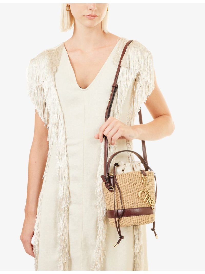 Chloé raffia bucket shoulder bag with charms, 16cm (British brand)