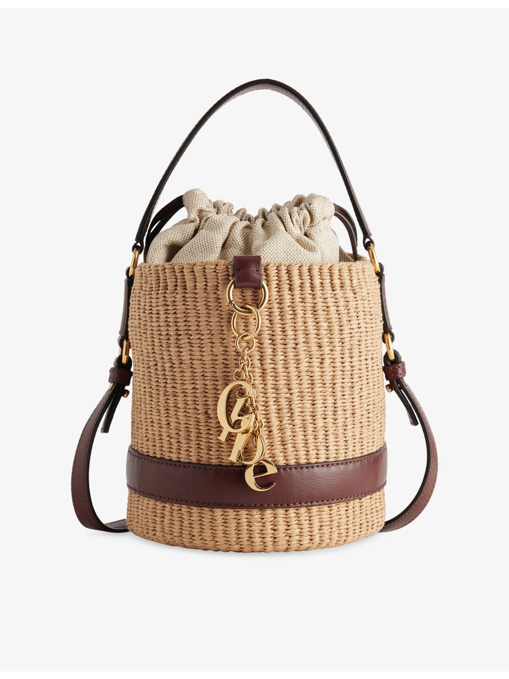 Chloé raffia bucket shoulder bag with charms, 16cm (British brand)