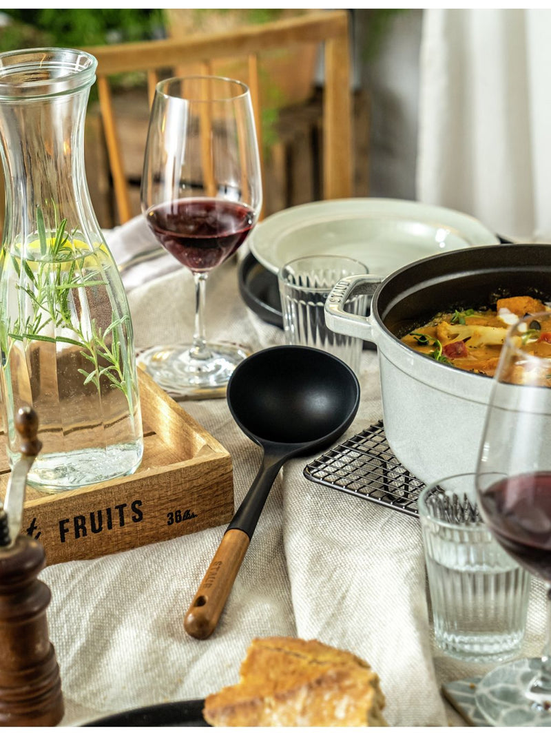 Staub silicone soup ladle with acacia wood handle, UK version