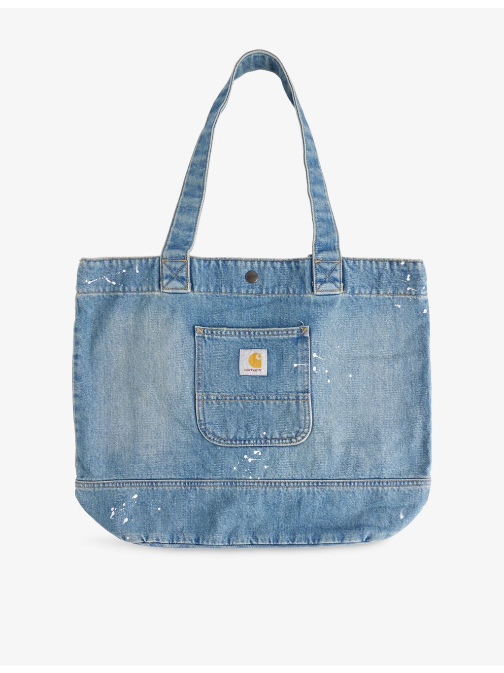 Carhartt WIP logo-patch paint-splatter denim tote, imported from the UK