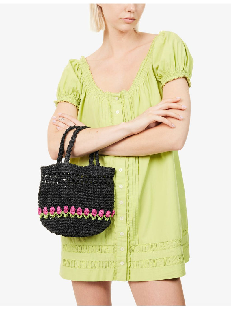 Damson Madder raffia bag with tulip motif, 20cm tall (British brand)