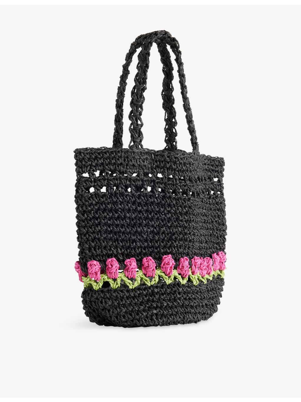 Damson Madder raffia bag with tulip motif, 20cm tall (British brand)