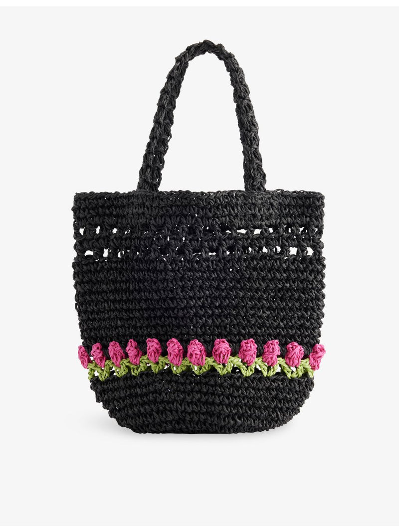 Damson Madder raffia bag with tulip motif, 20cm tall (British brand)