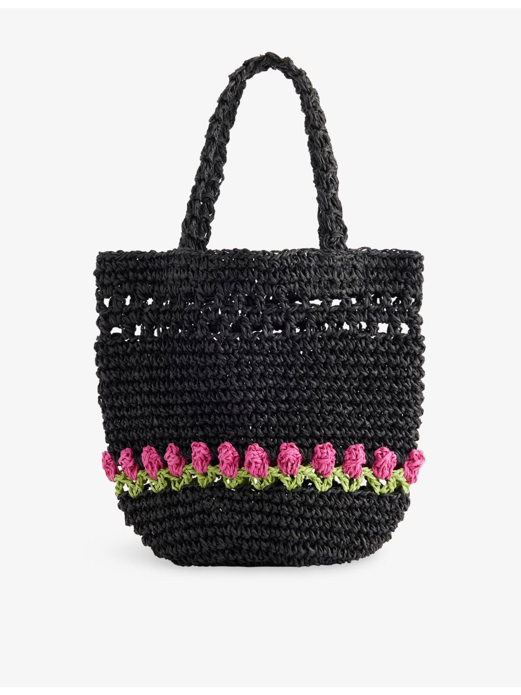 Damson Madder raffia bag with tulip motif, 20cm tall (British brand)