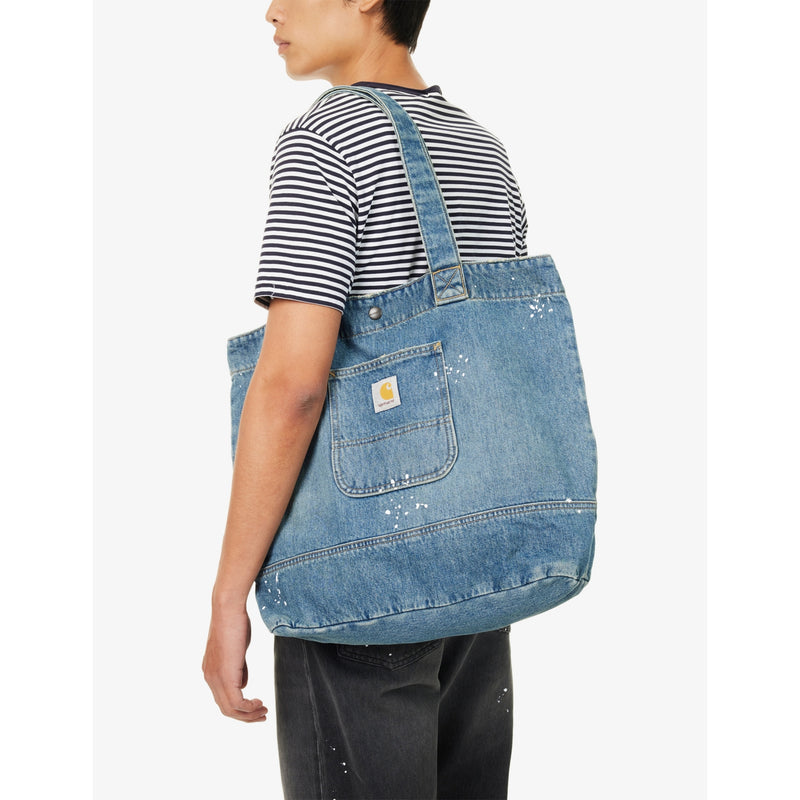 Carhartt WIP paint-splatter denim tote bag, imported from the UK