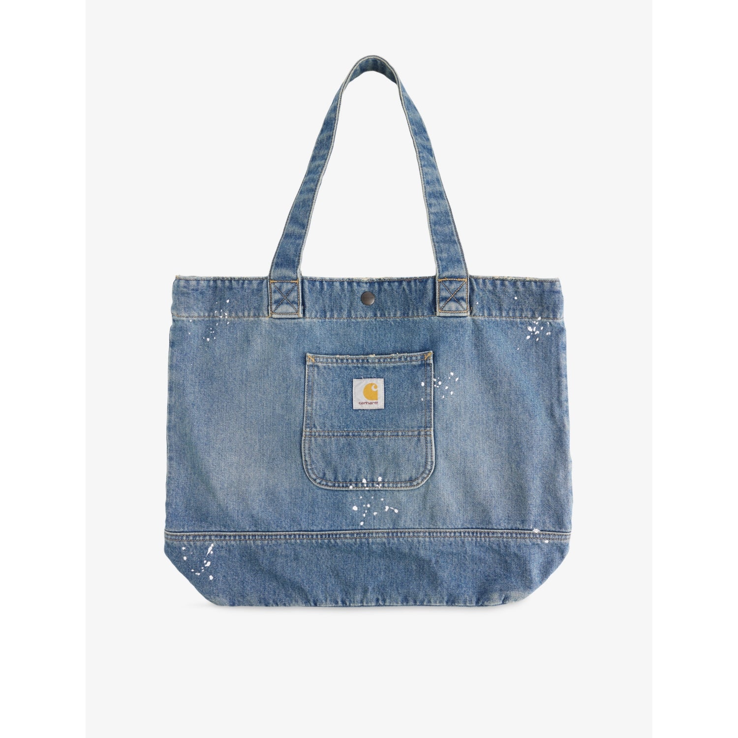 Carhartt WIP paint-splatter denim tote bag, imported from the UK