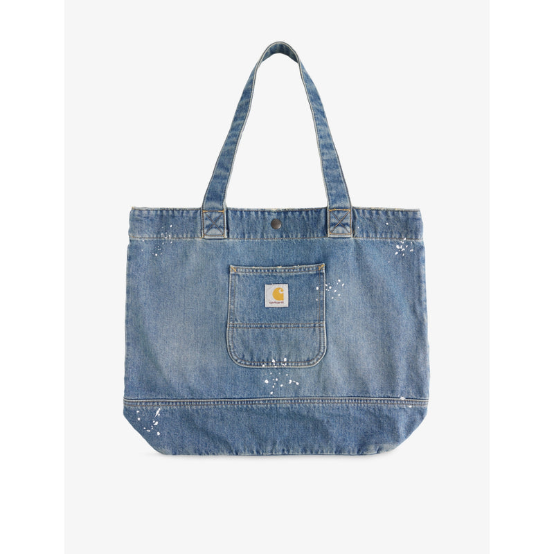 Carhartt WIP paint-splatter denim tote bag, imported from the UK