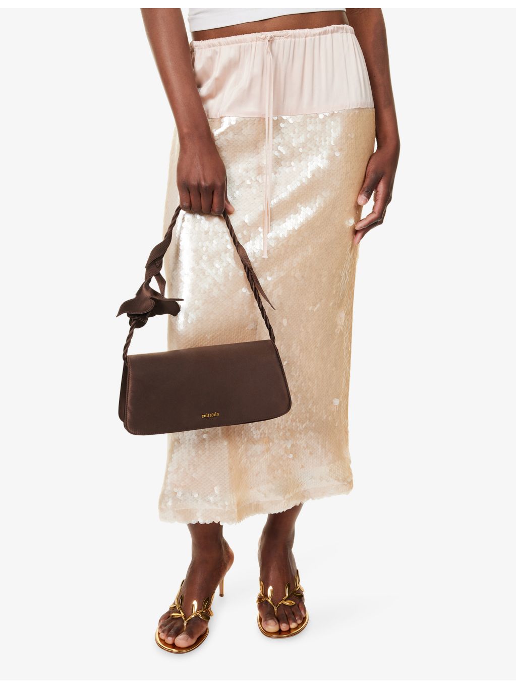 Cult Gaia Cosette satin shoulder bag with floral appliqué, UK version