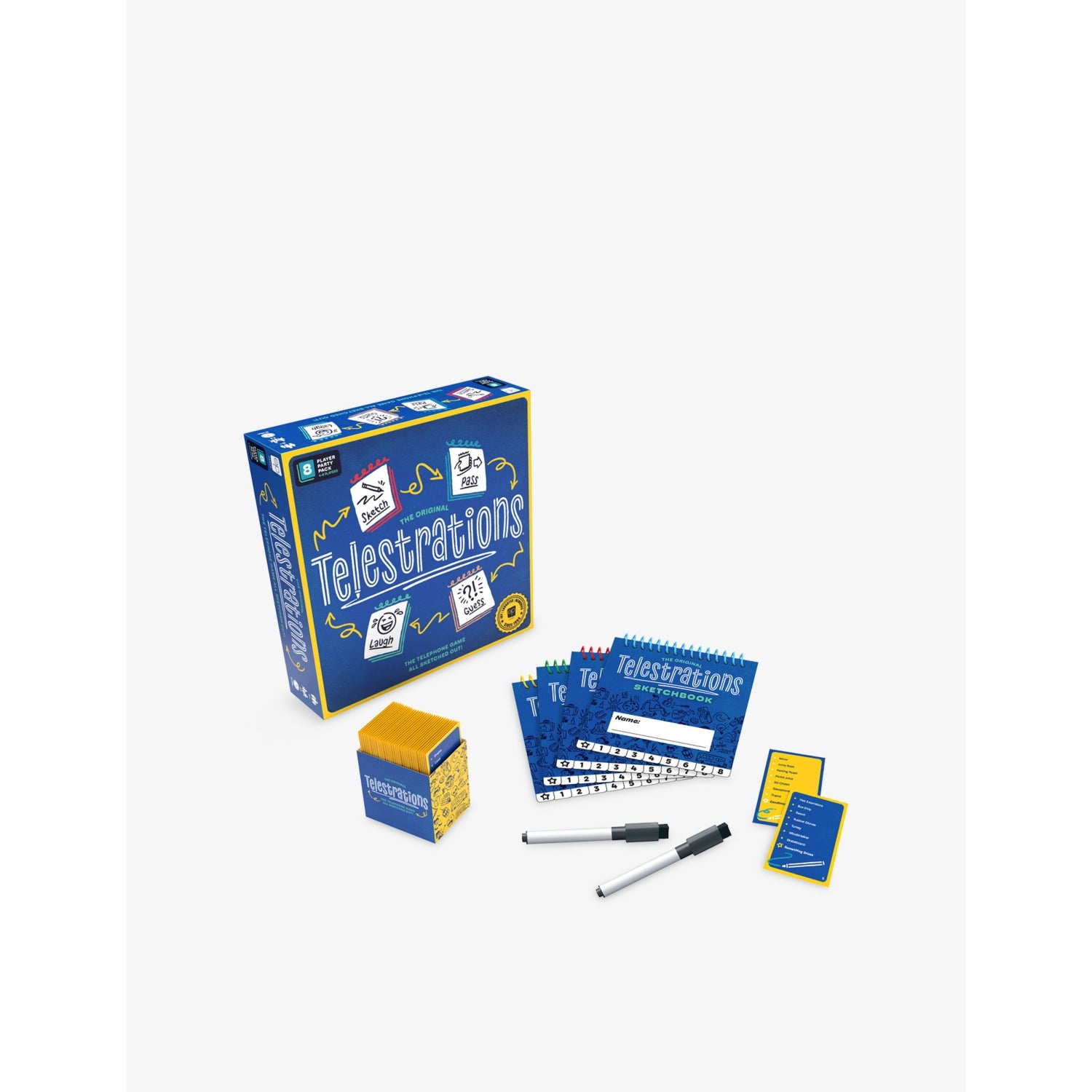 Telestrations party game set with sketch books, pens and timer (British brand)