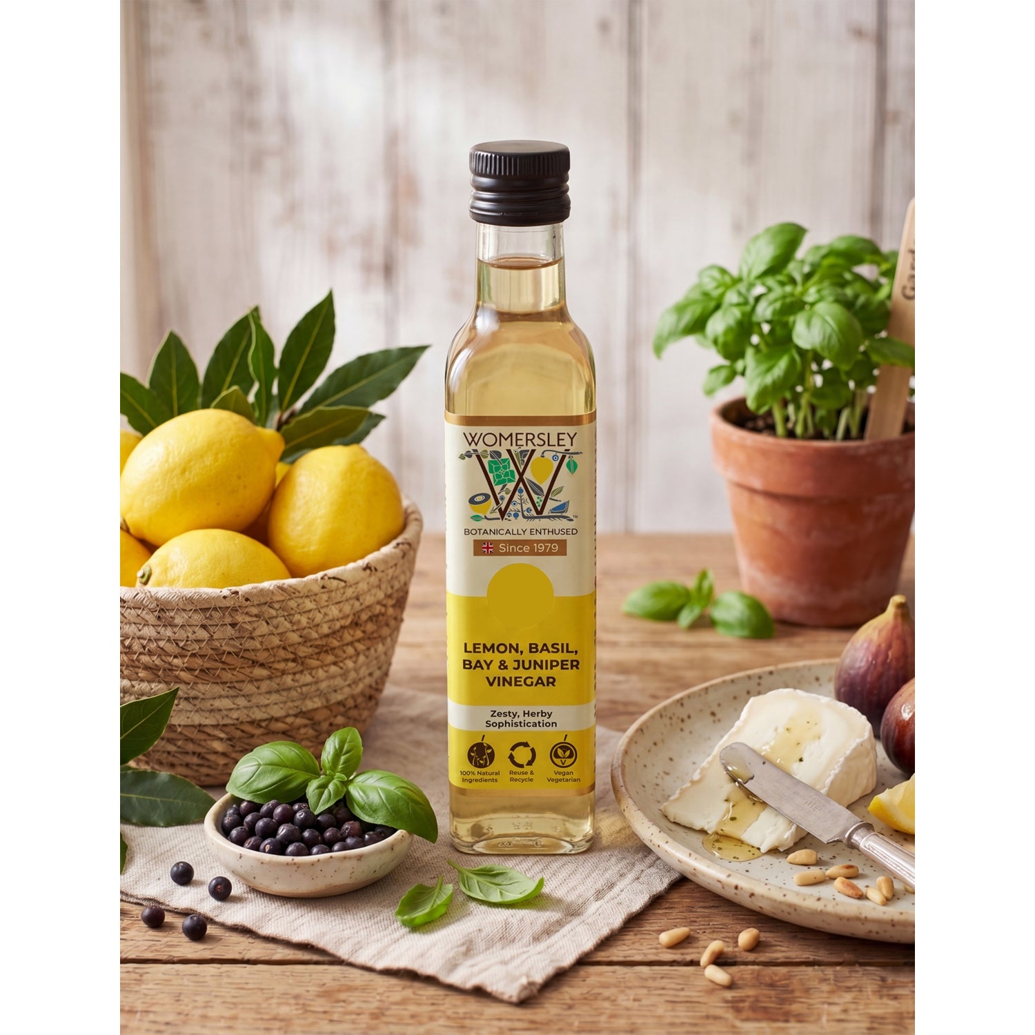 Womersley Lemon Basil Bay Juniper vinegar 250ml, imported from the UK