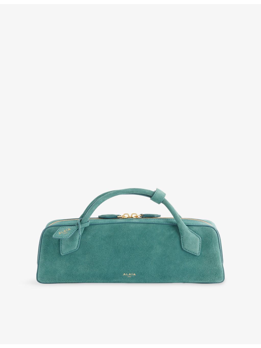 Alaïa suede clutch bag with gold-toned hardware, imported from the UK