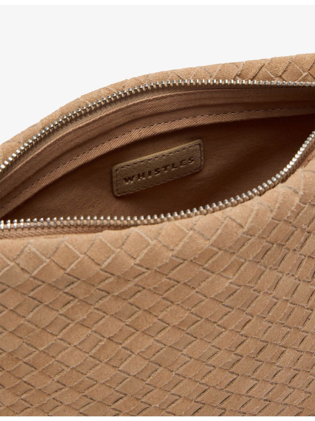 Whistles Avah suede clutch bag with wristlet strap, imported from the UK