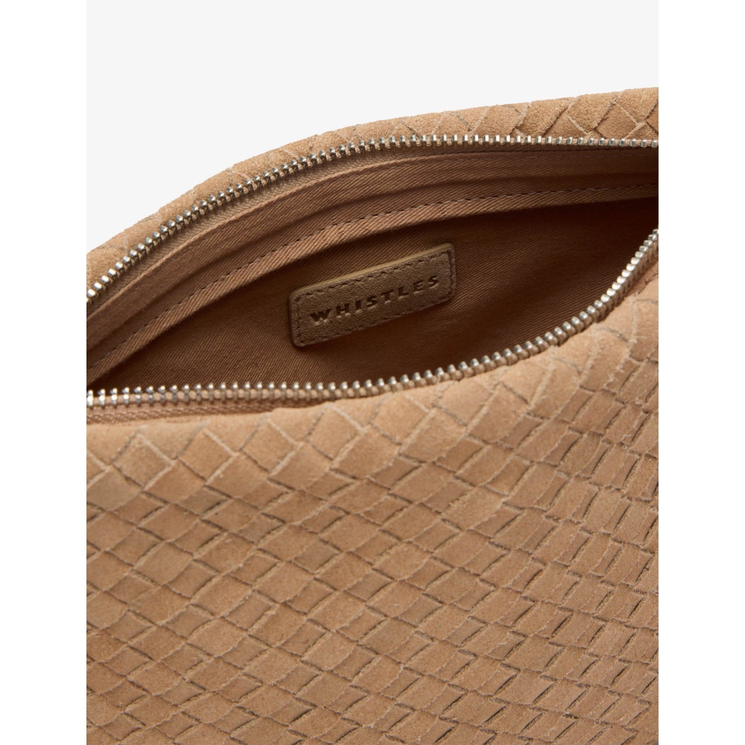 Whistles Avah suede clutch bag with wristlet strap, imported from the UK
