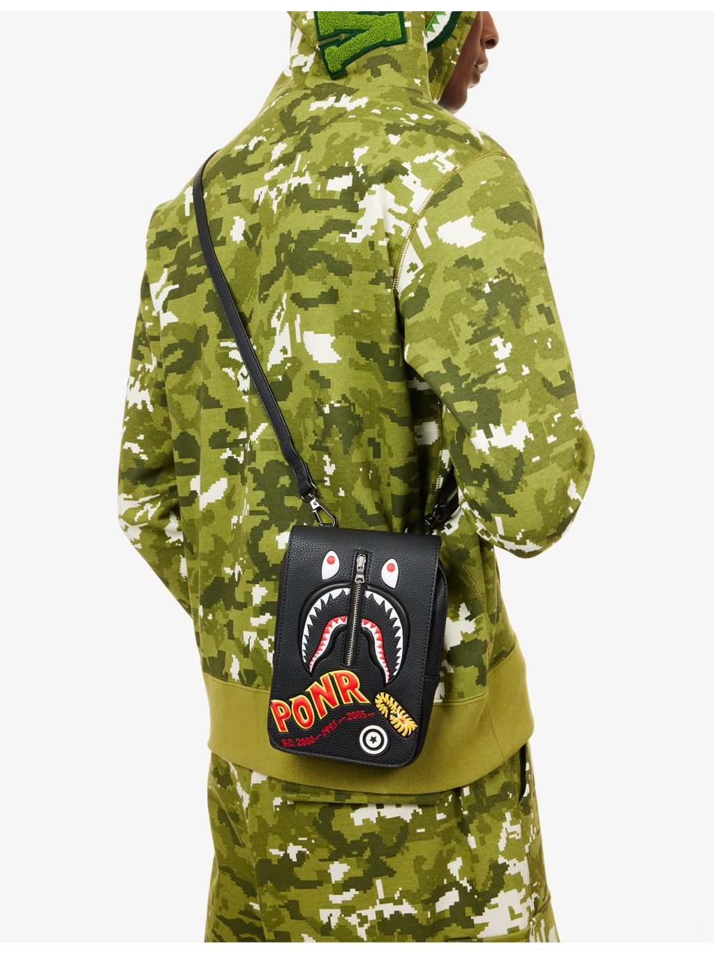 BAPE faux-leather mini bag with shark motif, imported from the UK