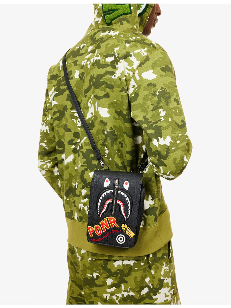 BAPE faux-leather mini bag with shark motif, imported from the UK