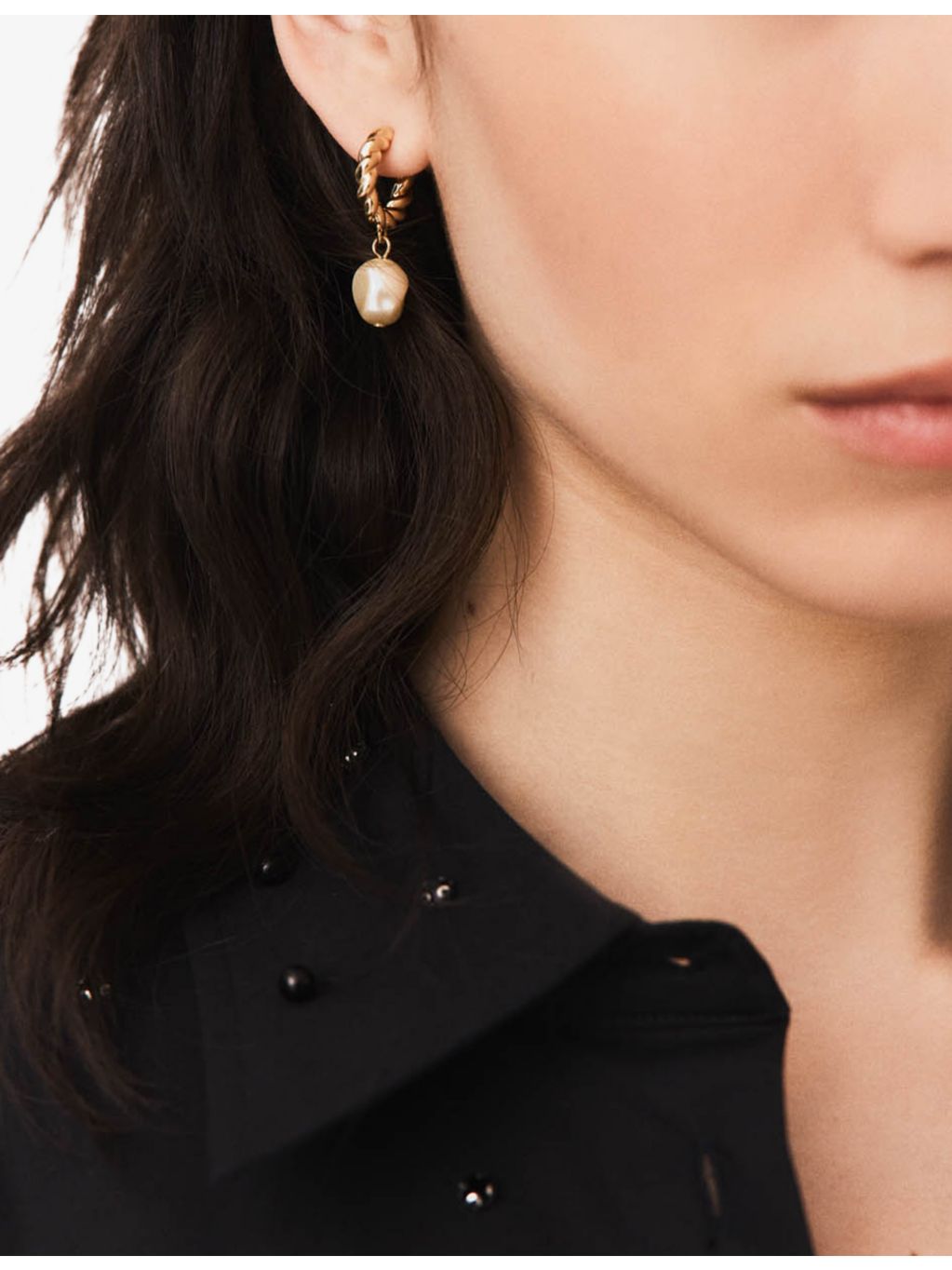 Maje twisted bead brass hoop earrings with faux pearl drop - British product