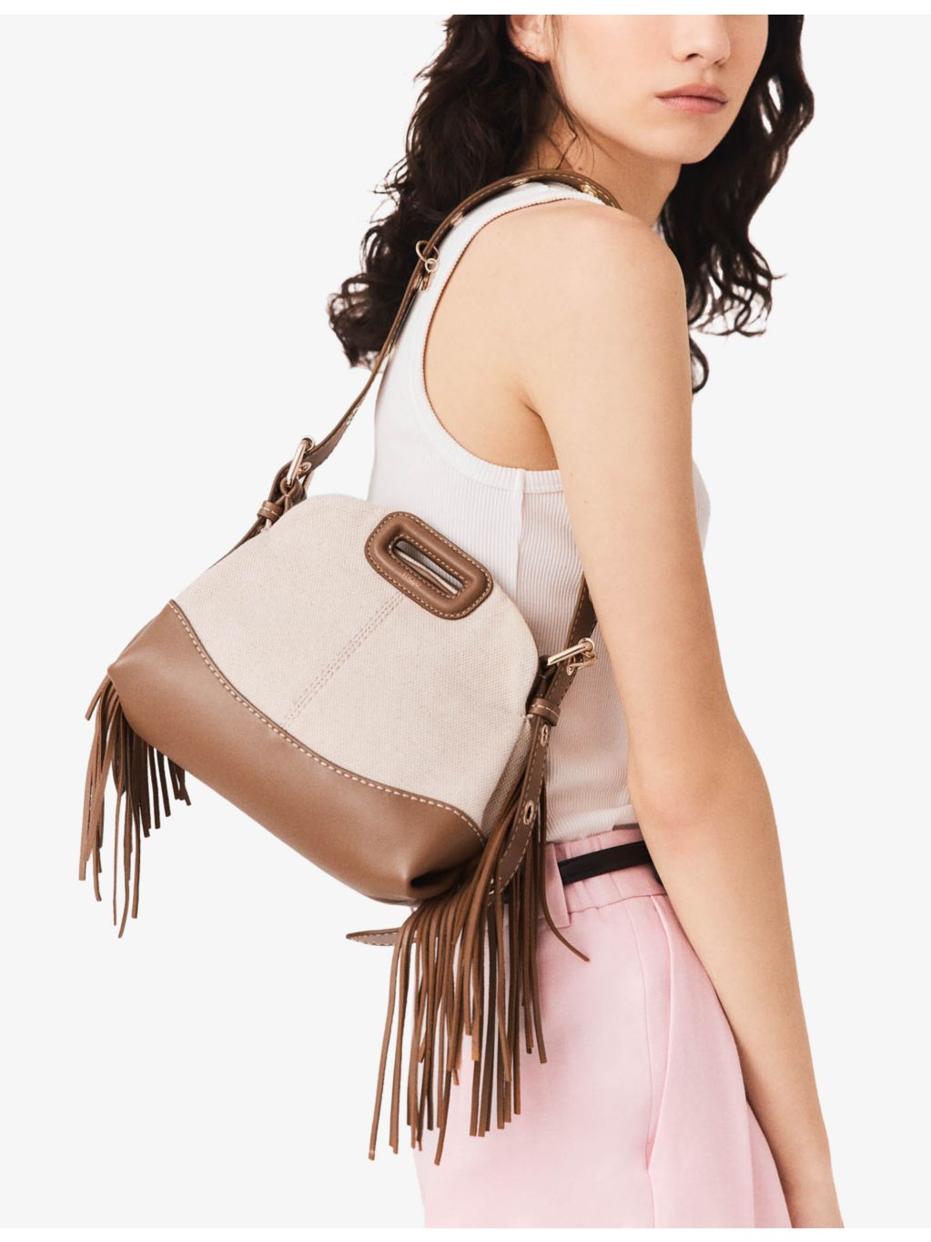 Maje Miss M mini canvas shoulder bag with leather trims (British brand)