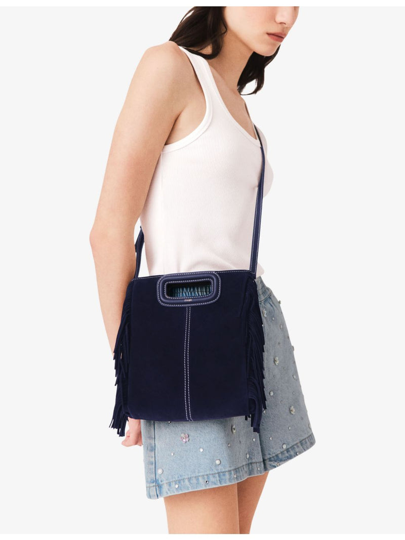 Maje suede bag with fringed trims and gold hardware, UK version