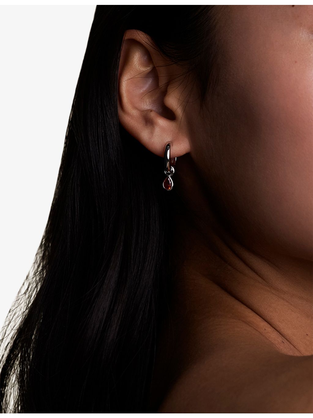 Astrid & Miyu rhodium-plated silver pear charm hoop earrings (British brand)