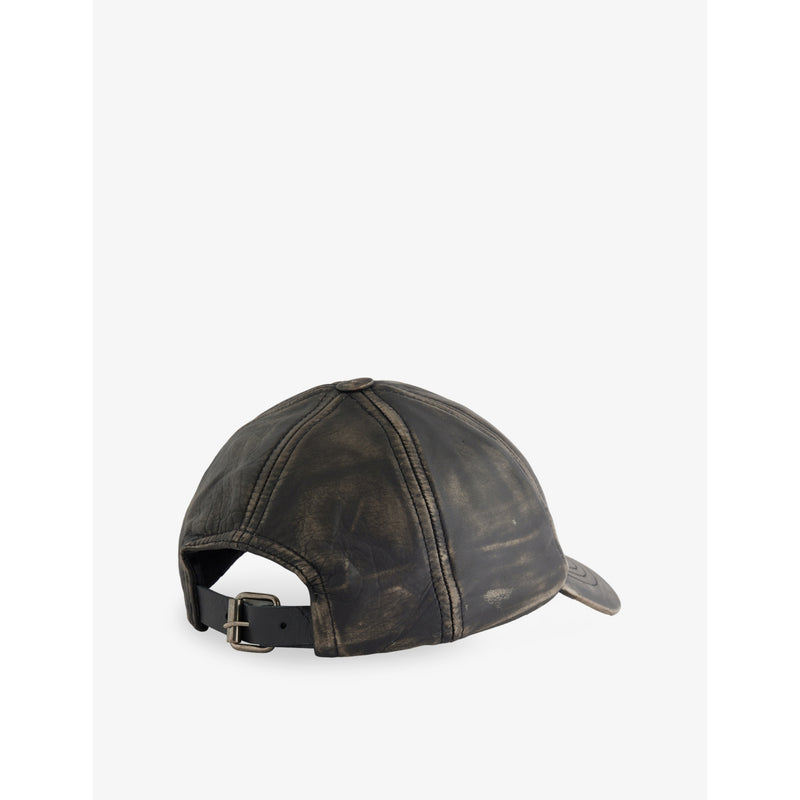 Distressed leather cap with curved peak, imported from the UK