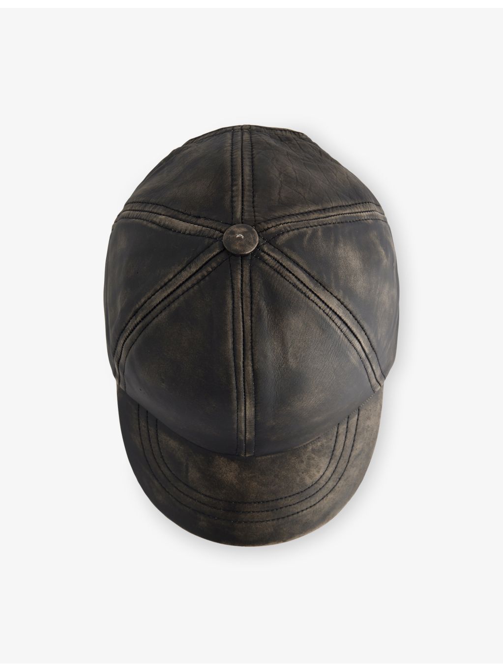 Distressed leather cap with curved peak, imported from the UK