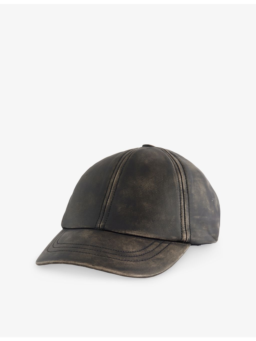 Distressed leather cap with curved peak, imported from the UK