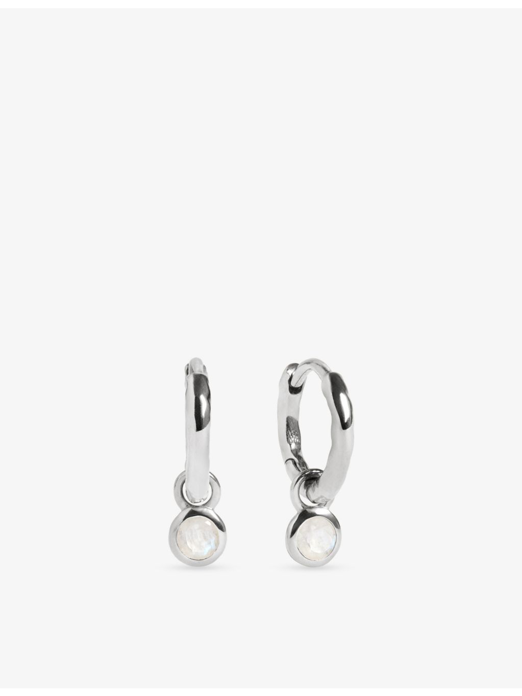 Monica Vinader moonstone huggie earrings in sterling silver, imported from the UK