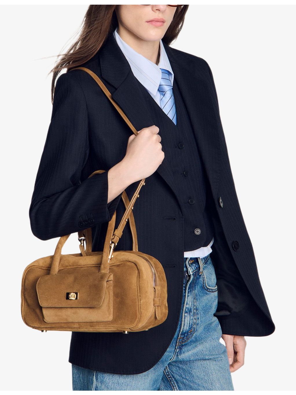 Sandro Ezmehralda suede bowling bag with twin handles, UK version