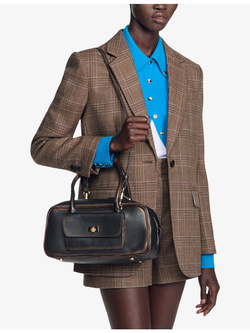 Sandro Ezmehralda suede shoulder bag with gold-tone hardware, UK version