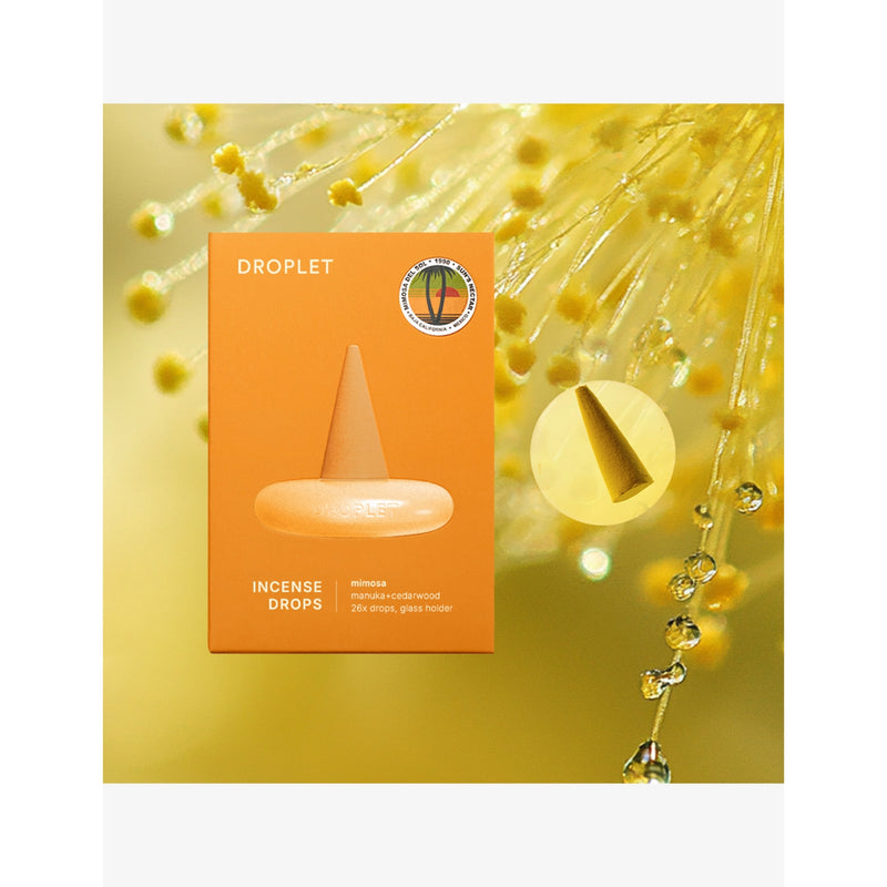Mimosa incense droplets set of 26 with glass incense holder, UK version