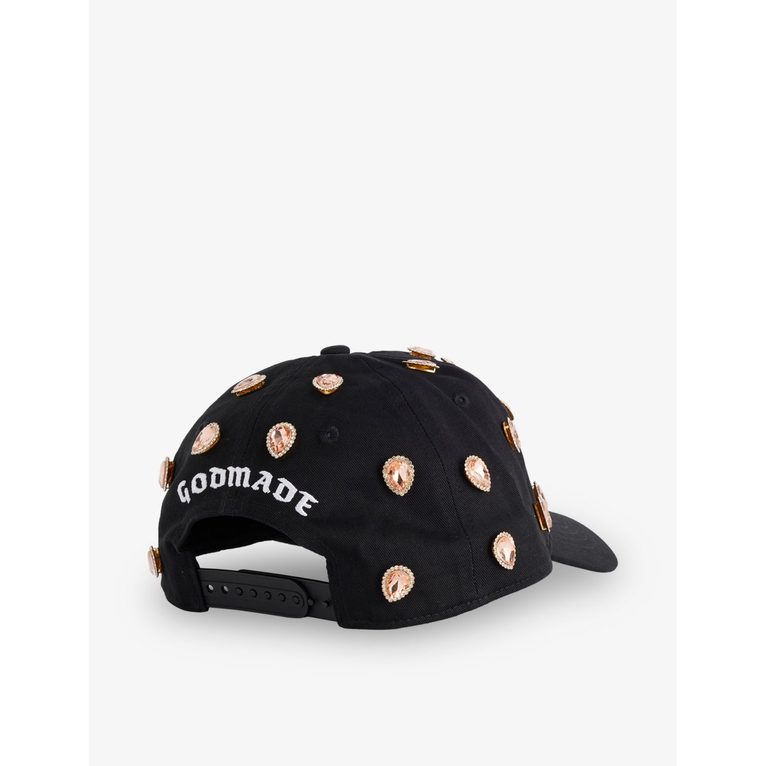 GODMADE cotton cap with gemstone embellishment and adjustable strap, British brand