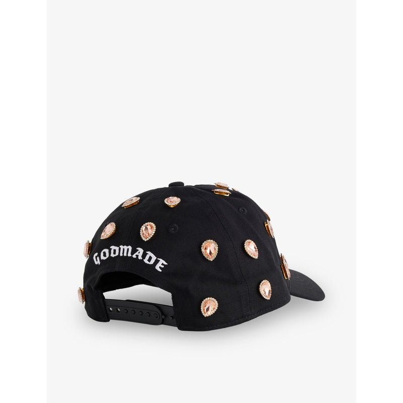 GODMADE cotton cap with gemstone embellishment and adjustable strap, British brand