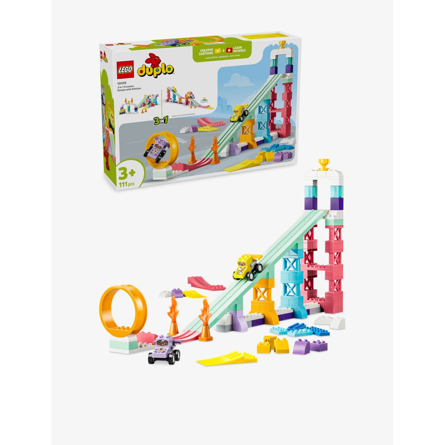 LEGO DUPLO 3-in-1 Creative Ramps with Vehicles playset 111 pieces (British brand)