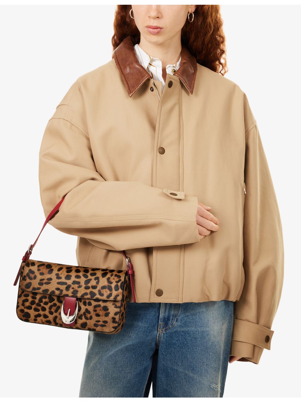 Staud Harlow leopard leather shoulder bag, imported from the UK