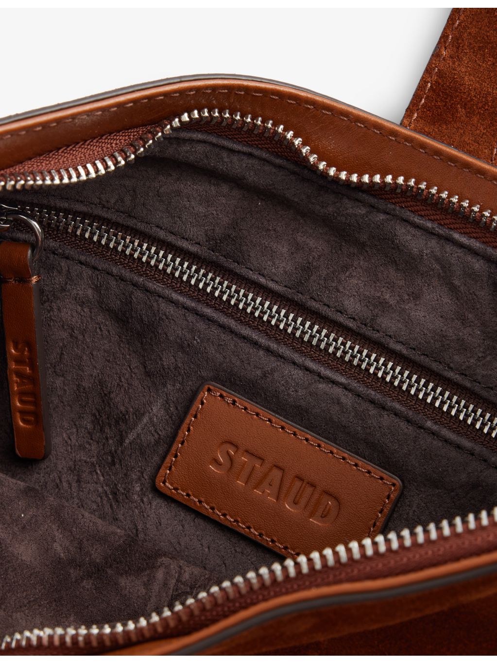 Staud Harlow Crescent suede shoulder bag, imported from the UK