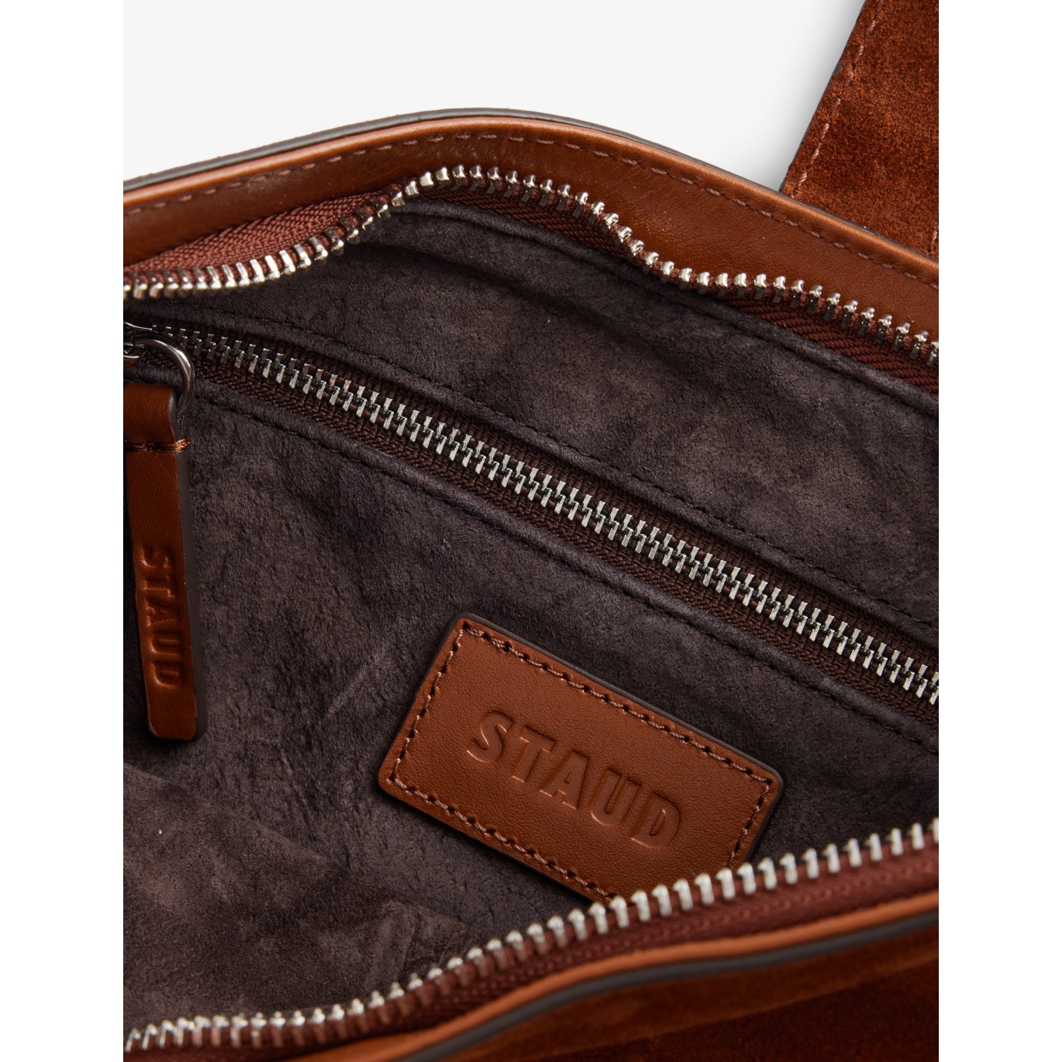 Staud Harlow Crescent suede shoulder bag, imported from the UK