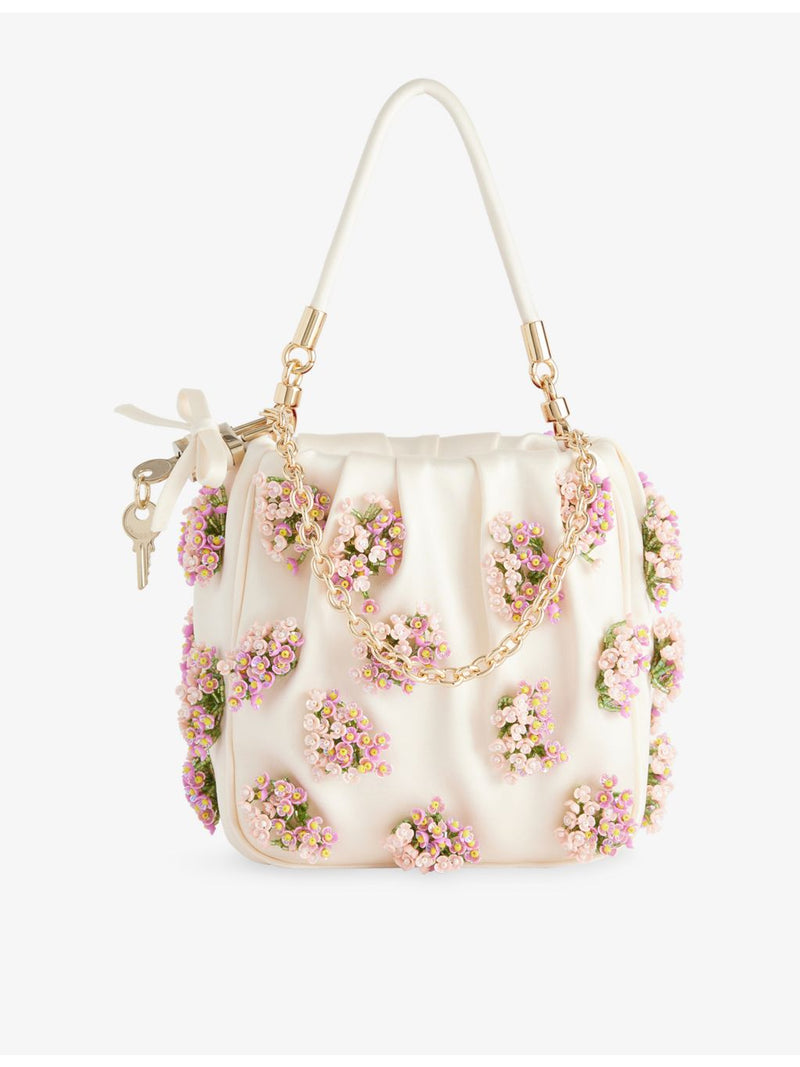 Self-Portrait flower-embellished satin bucket bag - British product