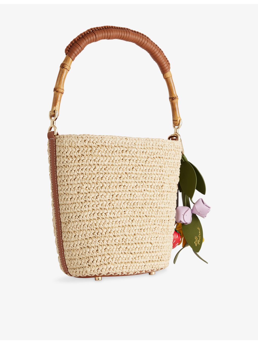 Self-Portrait charm-embellished raffia bucket bag - British product
