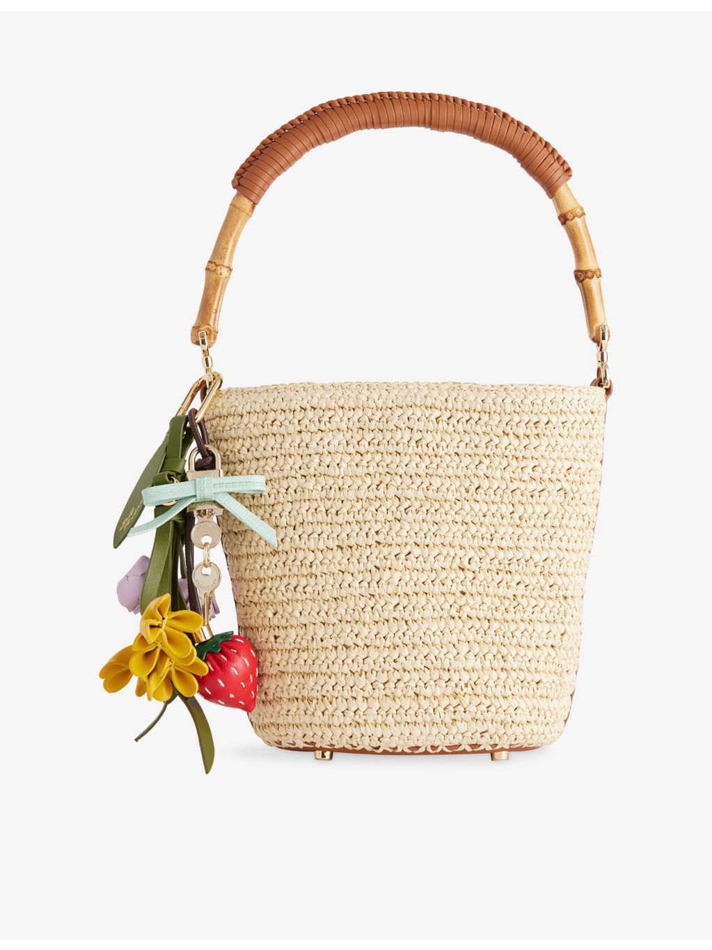 Self-Portrait charm-embellished raffia bucket bag - British product
