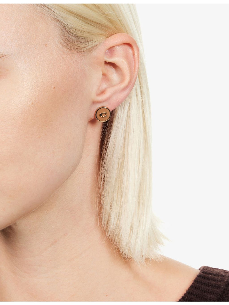Coach enamel C coin stud earrings in gold-plated brass - British product
