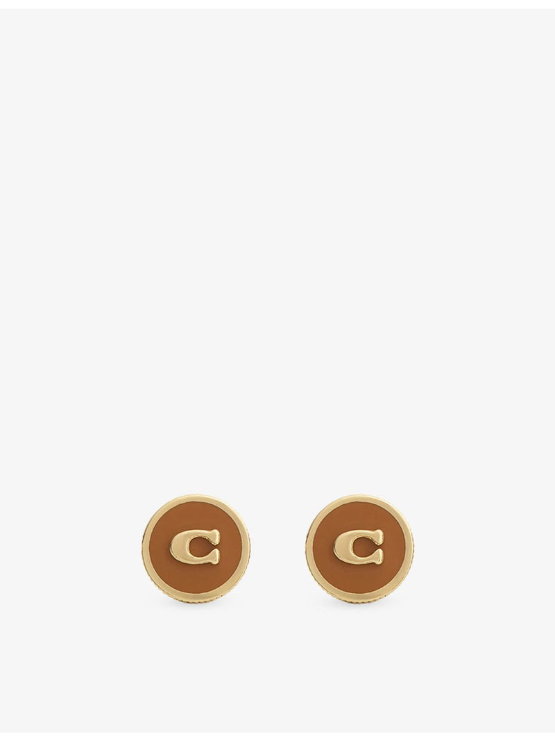 Coach enamel C coin stud earrings in gold-plated brass - British product