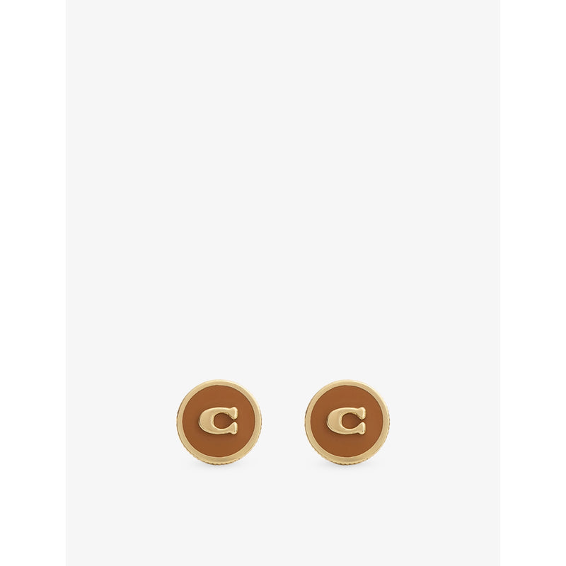 Coach enamel C coin stud earrings in gold-plated brass - British product